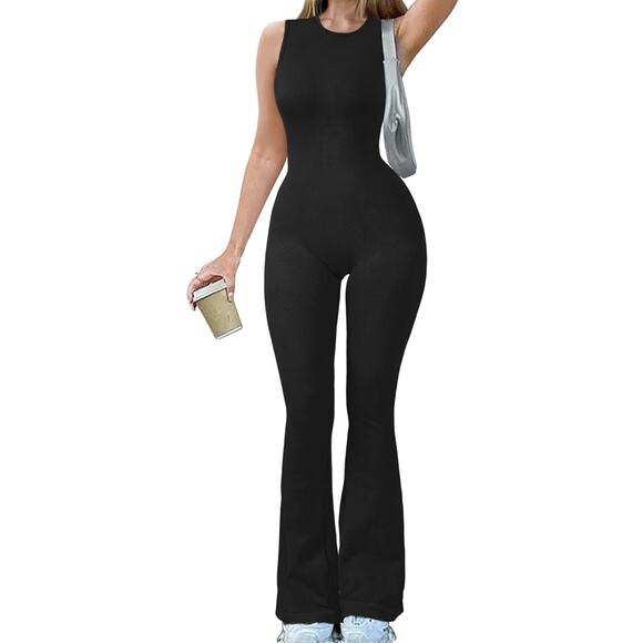 OQQ Ribbed Sleeveless Yoga Wide Leg Jumpsuit Womens Size XL Black - Picture 1 of 5
